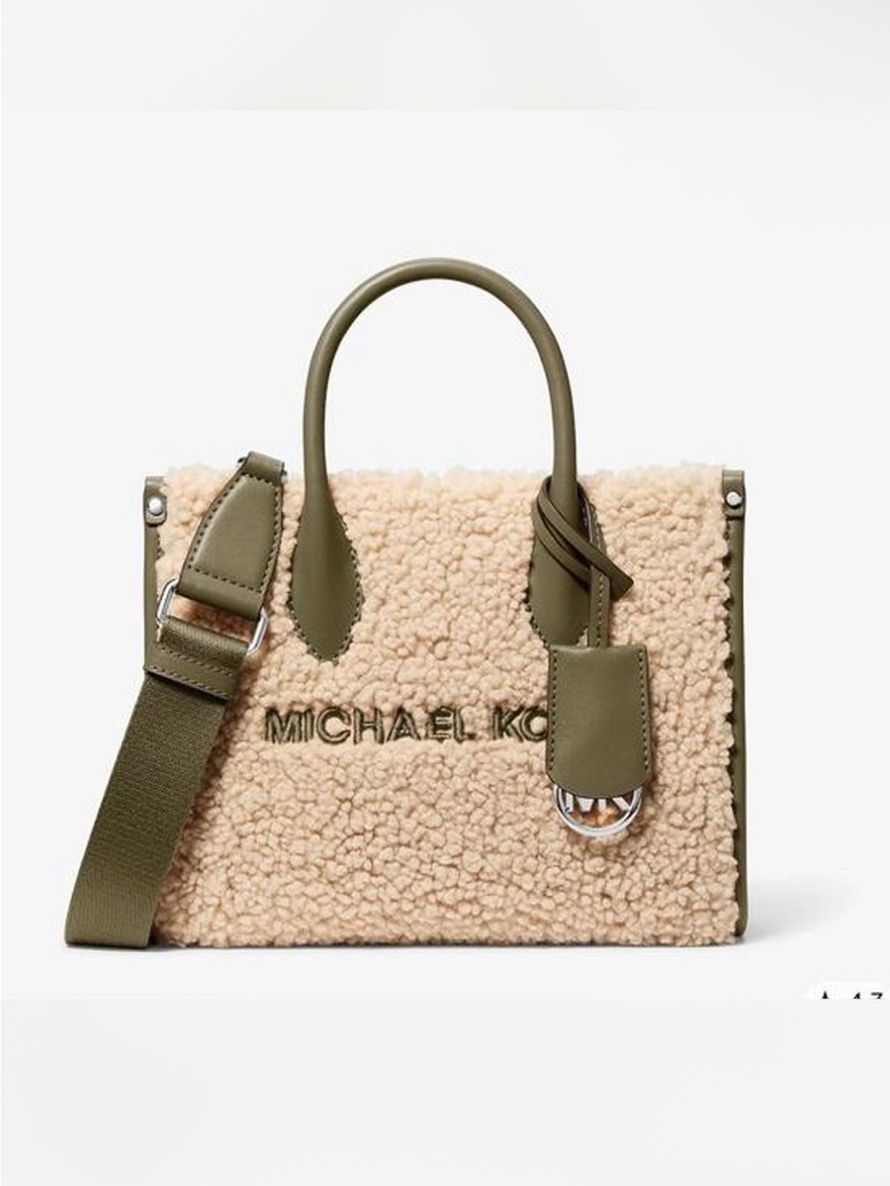Michael Kors Khaki and Cream Mirella Small Faux Shearling Crossbody Bag